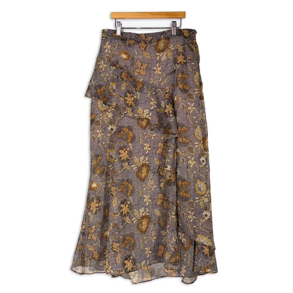 NWT Dress Forum Bohme Floral Sheer Ruffle Midi Skirt Size Large Boho Western